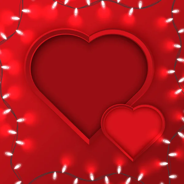 Papel cortado forma de coração e guirlanda brilhante no fundo vermelho e espaço para a sua cópia —  Vetores de Stock