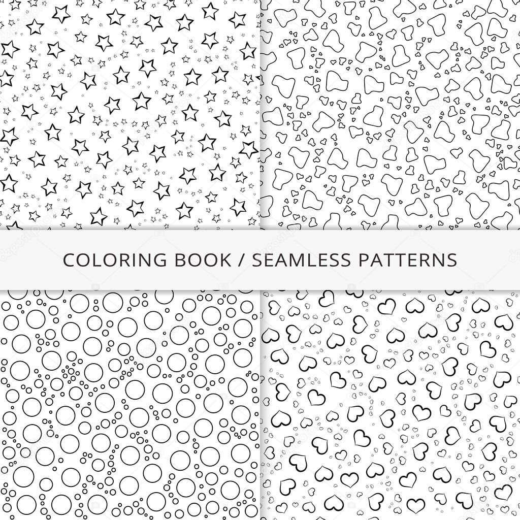 Seamless patterns and coloring book. Vector illustration