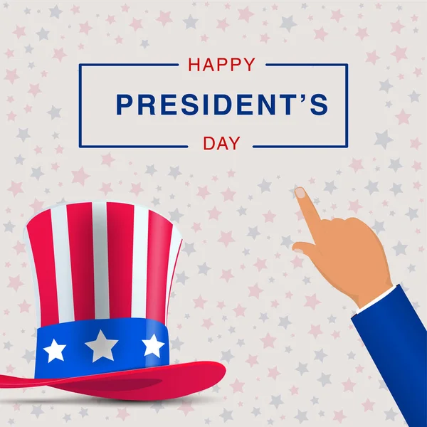 Feliz Día de los Presidentes con sombrero y la mano que apunta. Antecedentes de ilustración vectorial para el día del Presidente en EE.UU. . — Vector de stock