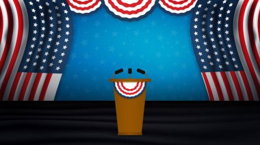 USA President podium on stage with semi-circle decorative flag on top. Background for President's Day, Independence Day