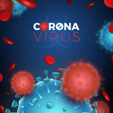Coronavirus. Covid-19. Mavi arka planda 3D bulanık virüs ve eritrosit molekülleri. Virüs bakterisi, mikrop, tıbbi, sağlık, mikrobiyoloji konsepti. Hastalık mikrobu, patojen.