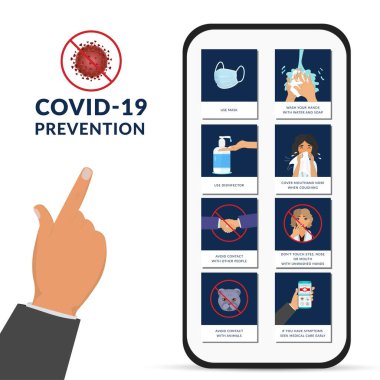 Coronavirus (COVID-19) önlemeleri. Enfeksiyondan, el yıkamadan, yüz maskesi takmaktan, dezenfektan kullanmaktan ve diğer insanlardan kaçınmaktan. Coronavirüs salgını ve önleme fikirleri.