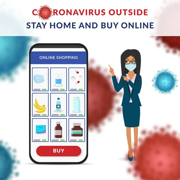 Coronavirus Dışarıda Evde Kal Internetten Yüz Maskeli Kız Covid Karantina — Stok Vektör