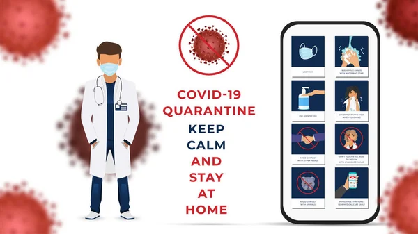 Covid-19 Karantina. Sakin ol ve evde kal. Tıbbi maskeli doktorlar. Corona Virüs Hastalığı 2019 Salgın Koruma Konsepti. Coronavirus önleme. Beyaz arkaplanda vektör illüstrasyonu