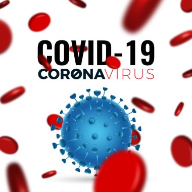Coronavirus (2019-nCoV) kartı. Virüs Covid 19-NCP. Gerçekçi 3 boyutlu mavi virüs hücresi ve kırmızı kan hücreleri olan bir arka plan. Vektör illüstrasyonu.