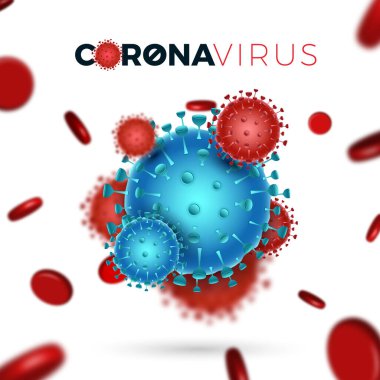 Coronavirus (2019-nCoV) kartı. Virüs Covid 19-NCP. Gerçekçi 3 boyutlu kırmızı ve mavi viral hücreleri olan arka plan ve beyaz zemin üzerinde kırmızı kan hücreleri. Vektör illüstrasyonu.