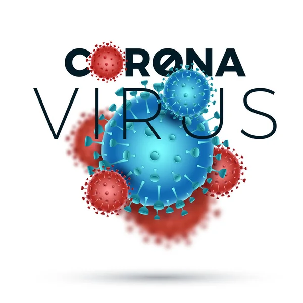 Coronavirus (2019-nCoV) pankartı. Virüs Covid 19-NCP. Beyaz zemin üzerinde 3 boyutlu bulanık kırmızı ve mavi viral hücreler ve Coronavirus yazıları olan pankart. Vektör illüstrasyonu.