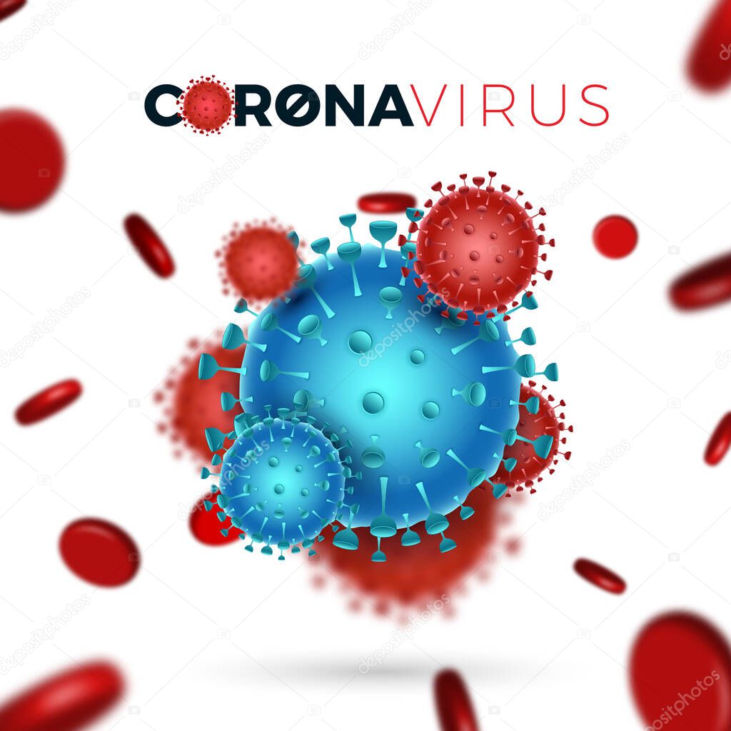 Coronavirus (2019-nCoV) card. Virus Covid 19-NCP. Background with realistic 3d red and blue viral cells and red blood cells on white backdrop. Vector illustration.
