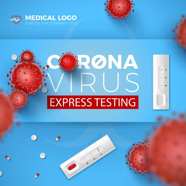 Coronavirus Express Test Kartı. Covid-19 hızlı testler ve mavi arka planda 3 boyutlu kırmızı virüs hücreleri. Coronavirus hastalığı 2019, kan testinin vektör çizimi.