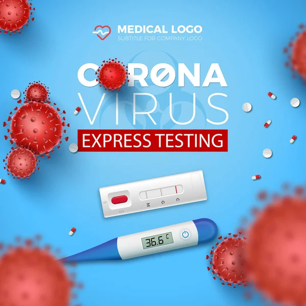 Coronavirus Express Testkaart Covid Snelle Test Rode Viruscellen Thermometer Blauwe — Stockvector