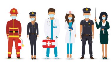 Uluslararası İşçi Bayramı. Farklı mesleklerden insanlar beyaz bir geçmişe sahipler. İtfaiyeci, Polis, Doktor, Hemşire, Öğretmen. Düz bir şekilde vektör illüstrasyonu. Covid-19 virüslerine karşı savaş.