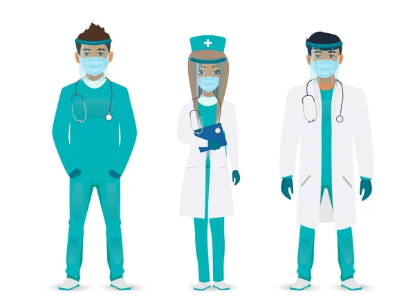 Medisch Personeel Dokters Met Maskers Een Witte Achtergrond Vector Illustratie — Stockvector