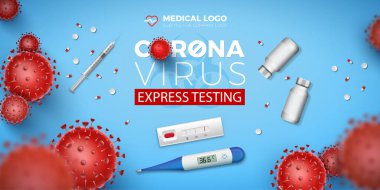 Coronavirus Express Test Pankartı. Covid-19 hızlı test, 3 boyutlu kırmızı virüs hücreleri ve mavi arka planda termometre. Coronavirus hastalığı 2019, kan testinin vektör çizimi.