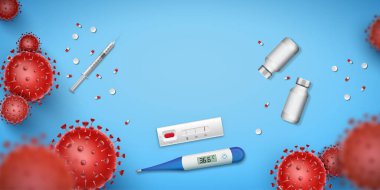 Coronavirus Express Yaratıcılığınız için boş alanı olan pankart testi. Covid-19 hızlı test, 3 boyutlu kırmızı virüs hücreleri ve mavi arka planda termometre. Coronavirus hastalığı, Vektör illüstrasyon tasarımı