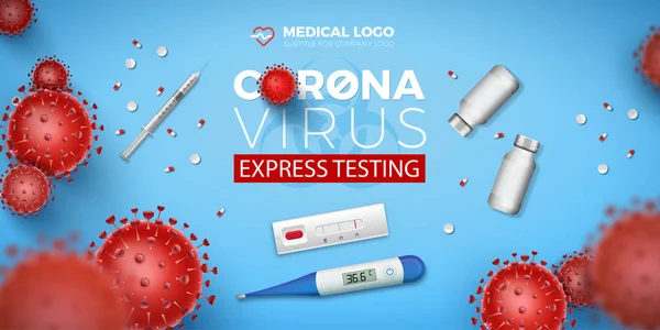 Coronavirus Express Test Pankartı. Covid-19 hızlı test, 3 boyutlu kırmızı virüs hücreleri ve mavi arka planda termometre. Coronavirus hastalığı 2019, kan testinin vektör çizimi.