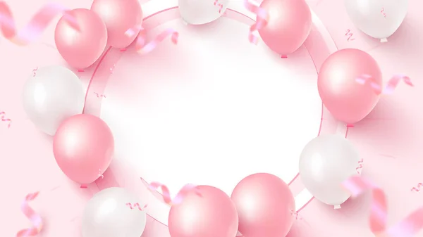 Beyaz çerçeveli bayrak tasarımı, pembe ve beyaz balonlar, pembe arka planda düşen konfeti. Kadınlar Günü, Anneler Günü ziyafeti için tasarlandı. Doğum günü, yıldönümü, düğün, bayrak şablonu