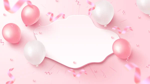 Diseño Banner Festivo Con Forma Personalizada Blanca Globos Aire Rosados — Vector de stock