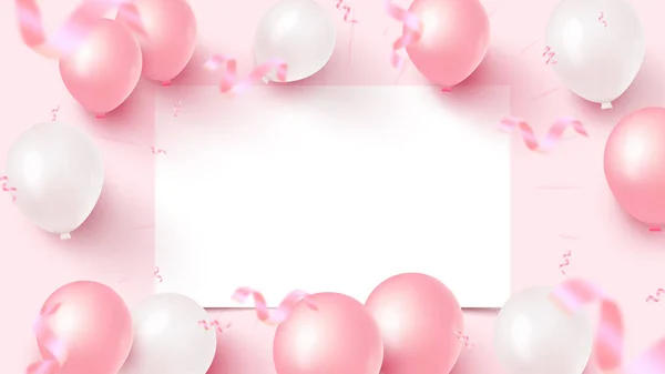 Beyaz çarşaflı, pembe ve beyaz balonlu bayrak tasarımı, pembe arka planda düşen folyo konfetileri. Kadınlar Günü, Anneler Günü, Doğum günü, yıldönümü, düğün şablonu. Vektör illüstrasyonu