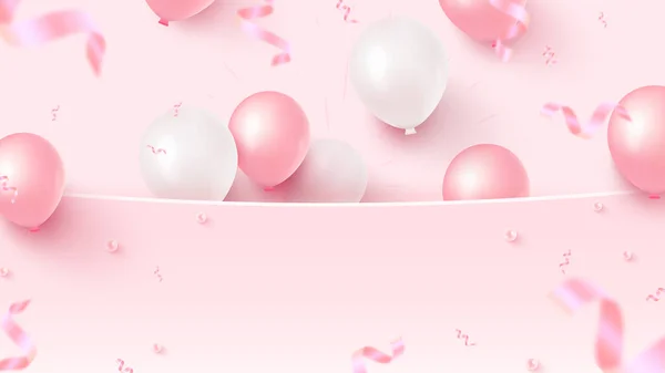 Pembe ve beyaz balonlu bayrak tasarımı, pembe arka planda düşen folyo konfetisi. Kadınlar Günü, Anneler Günü ziyafeti için tasarlandı. Doğum günü, yıldönümü, düğün, bayrak şablonu
