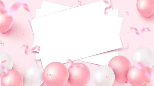 Beyaz çarşaflı bayrak tasarımı, pembe ve beyaz hava balonları, pembe arka planda düşen folyo konfetileri. Kadınlar Günü, Anneler Günü, Doğum günü, yıldönümü, düğün şablonu. Vektör illüstrasyonu