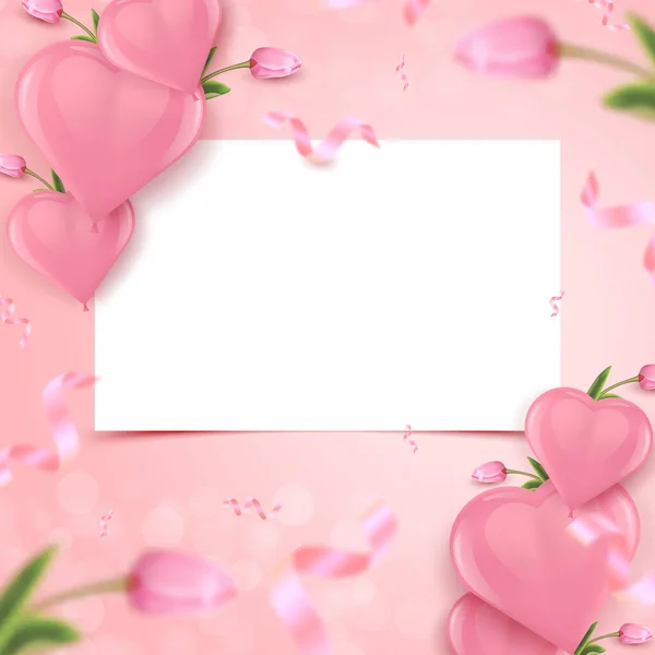 Праздничный Дизайн Карты Белой Рамкой Розовые Воздушные Шары Форме Сердца — стоковый вектор