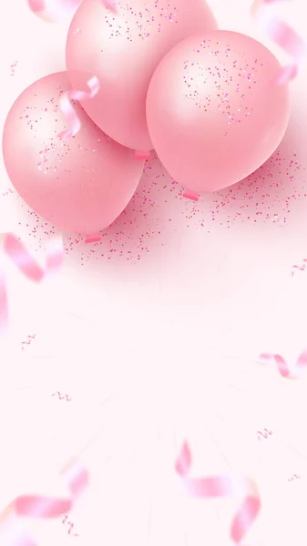 Pembe hava balonları, düşen folyo konfetileri ve pembe arka planda yaratıcılığınız için boş alan olan dikey tatil pankartı tasarımı. Kadınlar Günü, Anneler Günü, Doğum günü, Düğün, Yıldönümü Şablonu