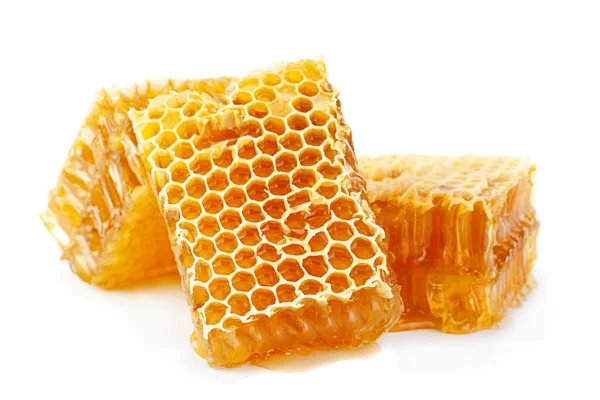 Yellow Honeycomb Slice Closeup Isolated White Background — Stock Photo, Image