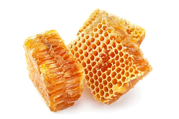 Yellow Honeycomb Slice Closeup Isolated White Background — Stock Photo, Image
