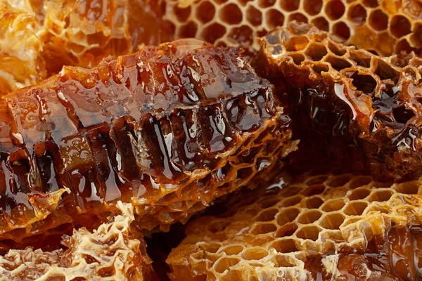 Honeycomb Rebanada Primer Plano Textura Detalle Horizontal Fondo —  Fotos de Stock