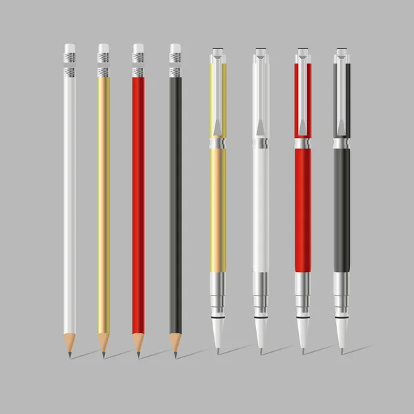 Big set of colored pens and pencils with erasers — Stock vektor