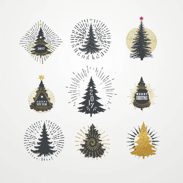 Ilustración vectorial de diferentes árboles de Navidad con explosión estelar. — Vector de stock