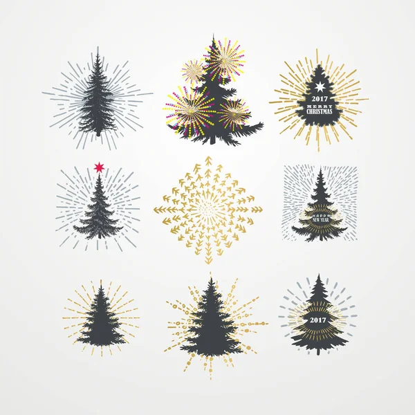 Ilustración vectorial de diferentes árboles de Navidad con explosión estelar. — Vector de stock