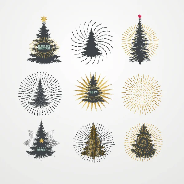 Vektorillustration verschiedener Weihnachtsbäume mit Starburst. — Stockvektor