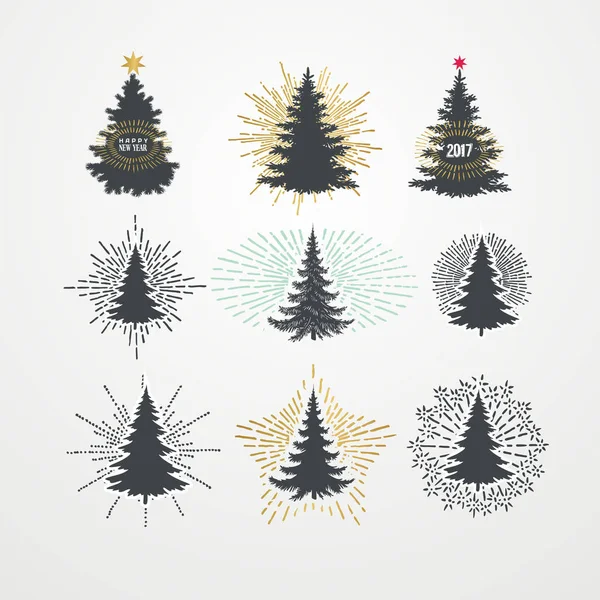 Ilustração vetorial de diferentes árvores de Natal com starburst. — Vetor de Stock