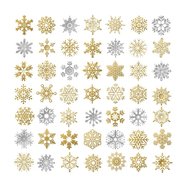 Verzameling van vector sneeuwvlokken, grijze en gouden sneeuwvlokken op een — Stockvector