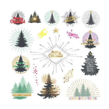Vektör çizim havai fişek ile farklı Noel ağaçları.