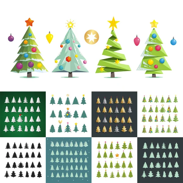 Groot aantal verschillende kerst bomen silhouet. Vector illustra — Stockvector