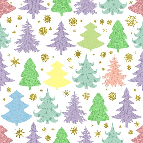 Seamless Christmas vector pattern with colorful fir-trees and sn — Stock Vector
