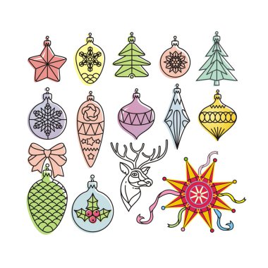 Vektör Noel süslemeleri ayarlayın. Noel oyuncak beyaz ba