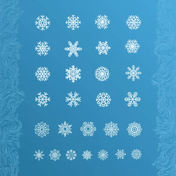 Conjunto de flocos de neve brancos sobre um fundo azul. — Vetor de Stock