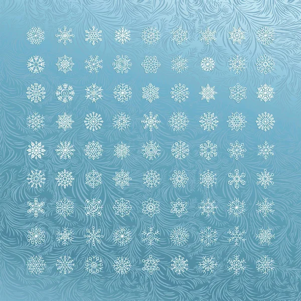 Icona fiocchi di neve bianchi su sfondo blu . — Vettoriale Stock