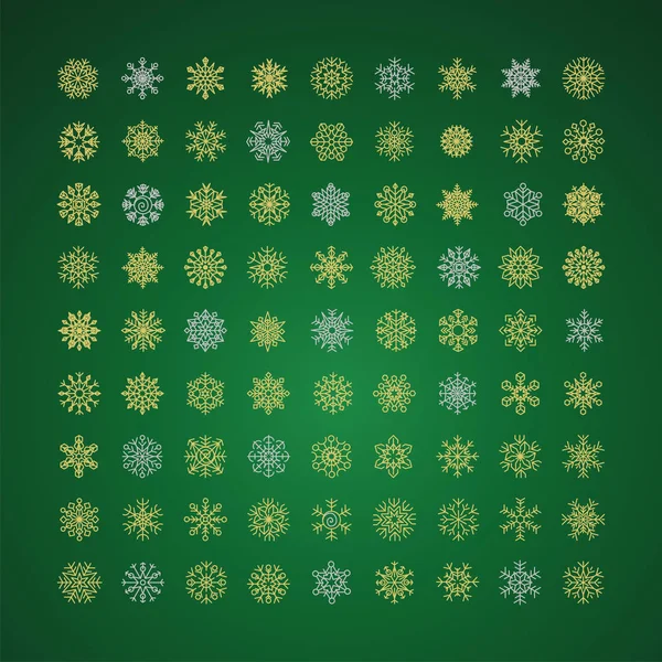 Bunte Schneeflocken Kollektion isoliert auf grünem Hintergrund — Stockvektor