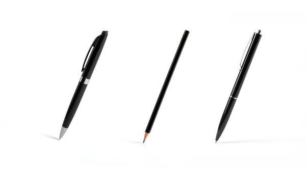 Набор черных ручек и карандаша на белом фоне
.
