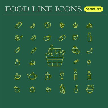 Restoran, bakkal, iletişim için yiyecek ve içecek simgeler kümesi