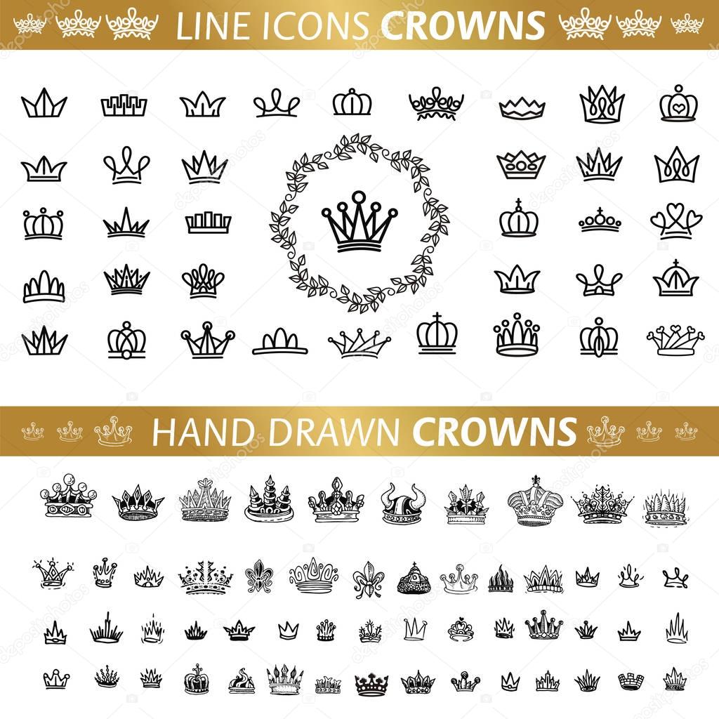 Vector heraldic elements design. A big set of black crowns. Hand drawn
