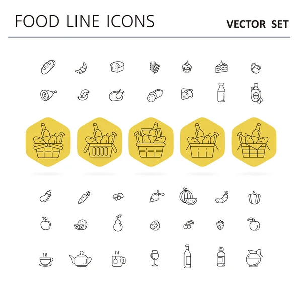 Set di icone cibo e bevande per ristorante, negozio di alimentari, comm — Vettoriale Stock