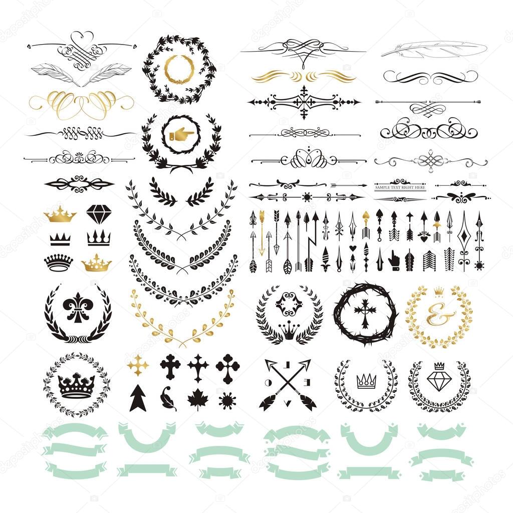 Vector set of calligraphic design elements and page decor.