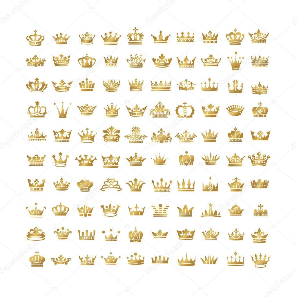 Vector collection of creative king and queen crowns silhouette or logo elements. Set of Geometric vintage crown