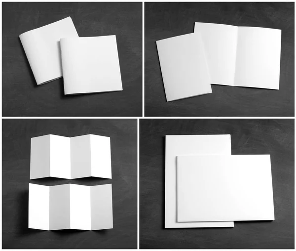 Puste białe składane ulotki papier na czarnej tablicy — Zdjęcie stockowe