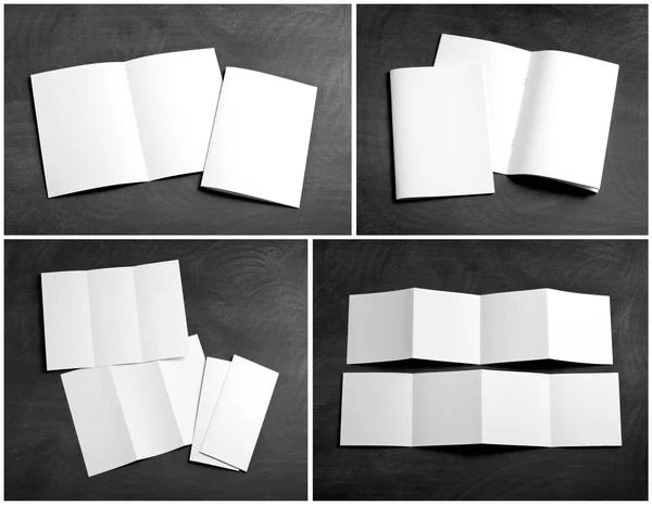 Folheto de papel dobrável branco em branco em um quadro preto — Fotografia de Stock